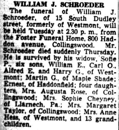 William J. Schroeder obituary — Camden Courier-Post, January 1944