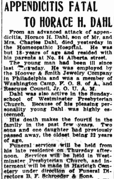 Appendicitis Fatal to Horace H. Dahl — Camden Post-Telegram, September 14, 1915