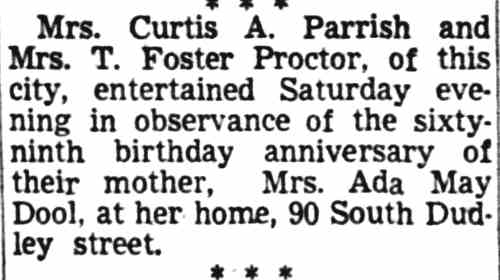 Birthday party notice for Ada May Dool, 90 South Dudley Street — Camden Courier-Post, November 9, 1949
