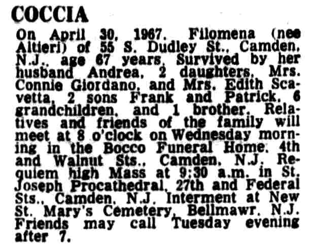 Andrea Coccia family, 55 South Dudley Street — Camden Courier-Post, May 2, 1967