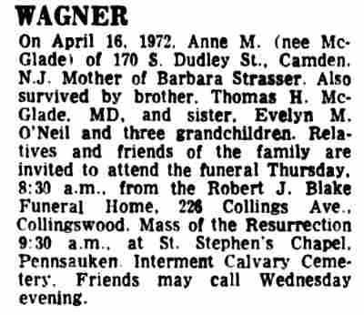 Anne M. Wagner obituary — Camden Courier-Post, April 19, 1972