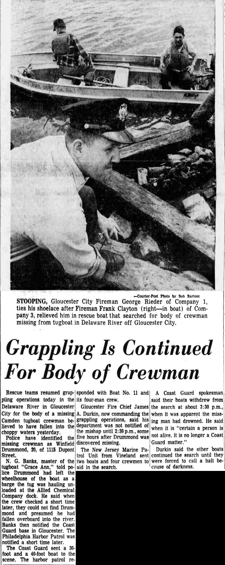 Grappling Is Continued For Body of Crewman — Winfield Drummond, 1115 Dupont Street — Camden Courier-Post, May 19, 1966