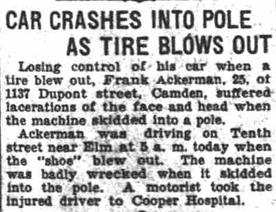 Car Crashes Into Pole As Tire Blows Out — Frank Ackermann, 1137 Dupont Street — Camden Courier-Post, April 27, 1929