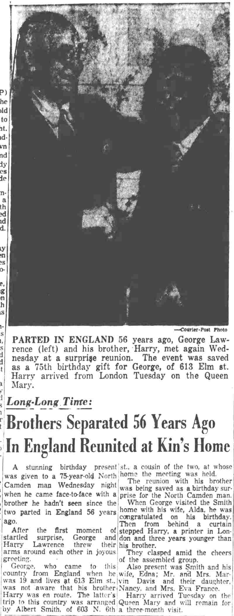 613 Elm Street, George T. Lawrence & Family, Camden Courier-Post, April 26, 1956