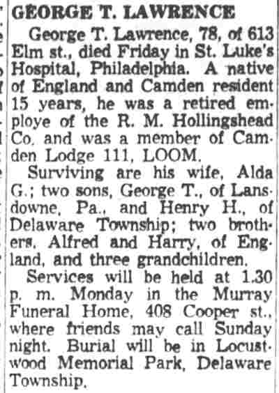 613 Elm Street, George T. Lawrence & Family, Camden Courier-Post, August 22, 1959