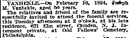 621 Elm Street, Joseph M. Vanhekle & Family, Philadelphia Inquirer, February 20, 1894