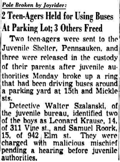2 Teen-Agers Held for Using Buses At Parking Lot; 3 Others Freed - Camden Courier-Post, October 4, 1955