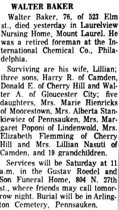 523 Elm Street, Walter Baker & Family, Camden Courier-Post, November 1, 1964