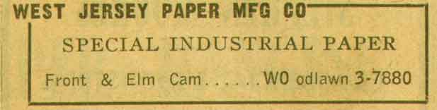 West Jersey Paper Manufacturing Company, 1955 New Jersey Bell Telephone Yellow Pages Ad