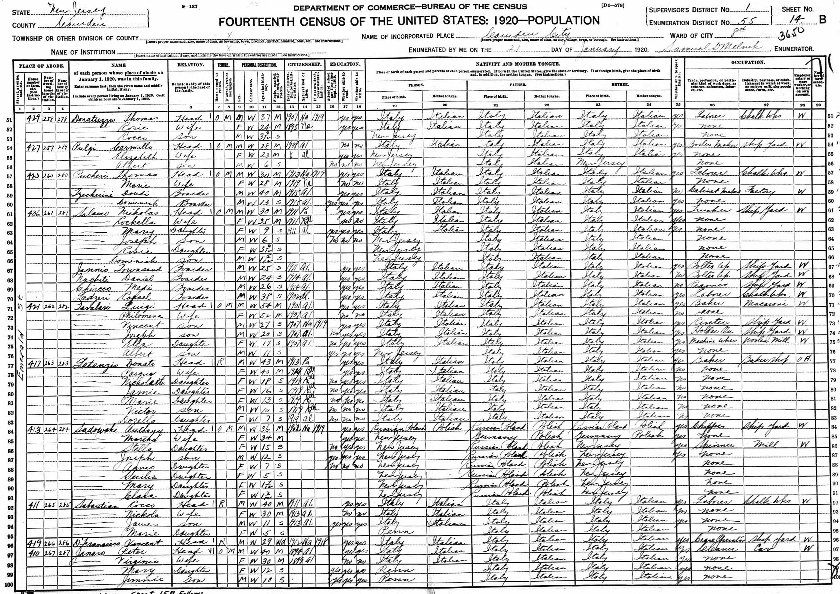Emerald Street 1920 Federal Census — 410, 411, 413, 417, 419, 421, 423, 427, 429, 436