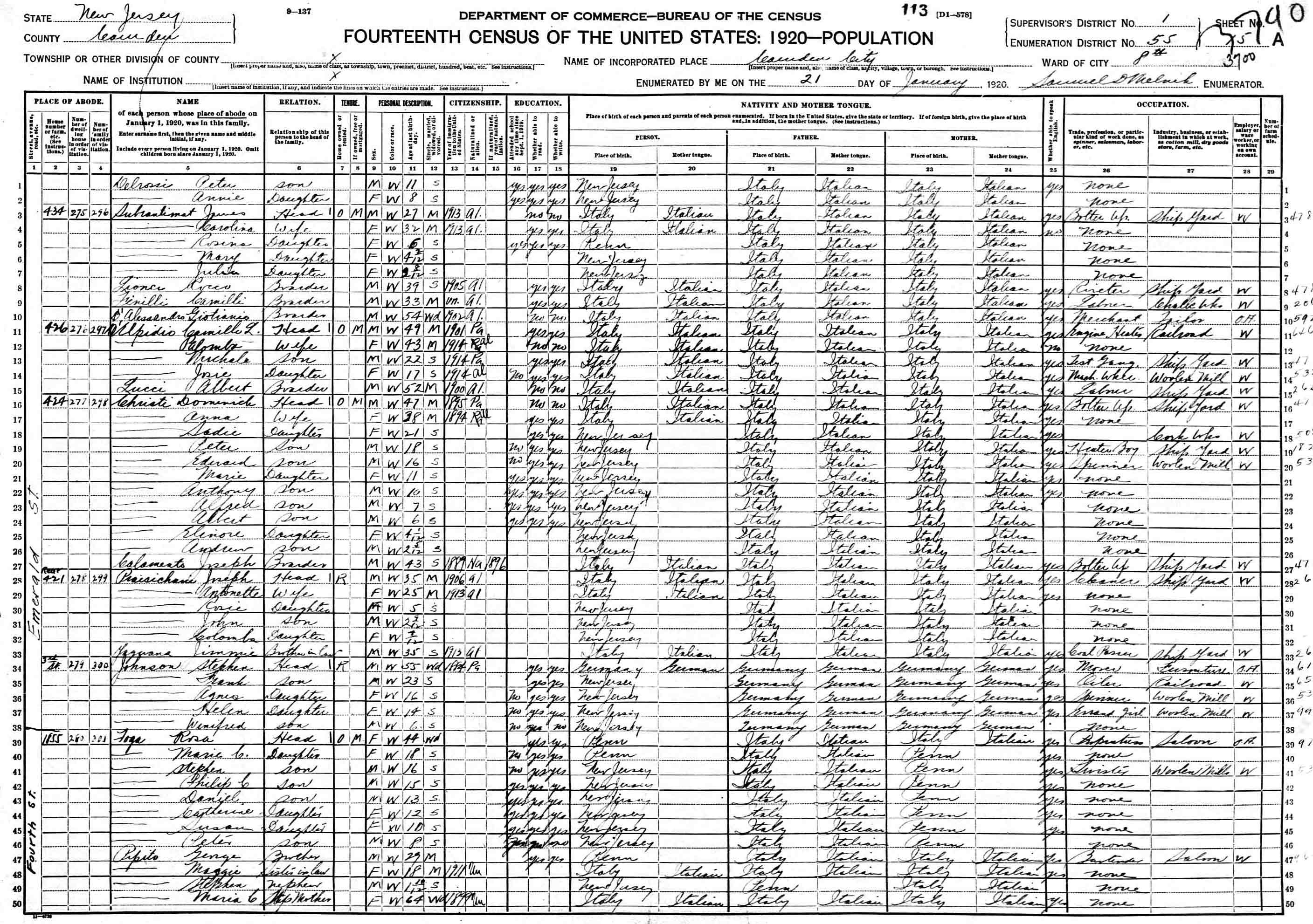 Emerald Street 1920 Federal Census — 421, 424, 426, 434