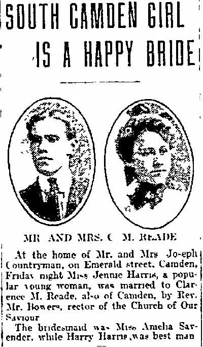 South Camden Girl Is a Happy Bride — Jennie Harris and Clarence M. Reade wedding, Philadelphia Inquirer, October 4, 1903
