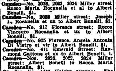 Deed transfers including 411 Emerald Street — Raymond Gattone to Albert Bonelli, Camden Courier-Post, October 28, 1943