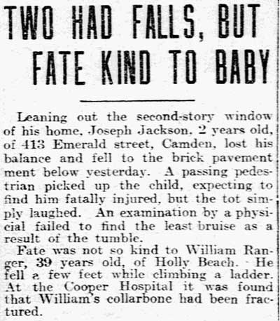 Two Had Falls, But Fate Kind to Baby — Joseph Jackson, 2 years old, 413 Emerald Street, Philadelphia Inquirer, November 1, 1908