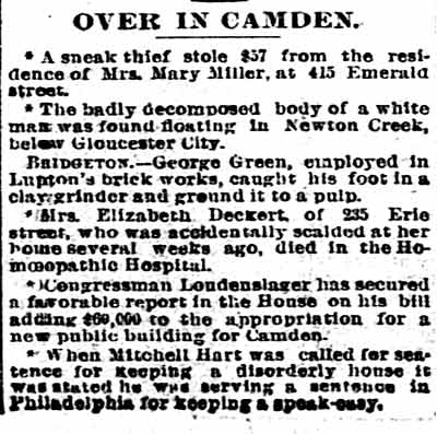 Over in Camden — sneak thief stole from Mrs. Mary Miller, 415 Emerald Street, Philadelphia Inquirer, June 30, 1894