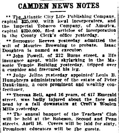 Camden News Notes — Theresa Bell injured at Croft's Woolen Mills, Philadelphia Inquirer, March 28, 1903