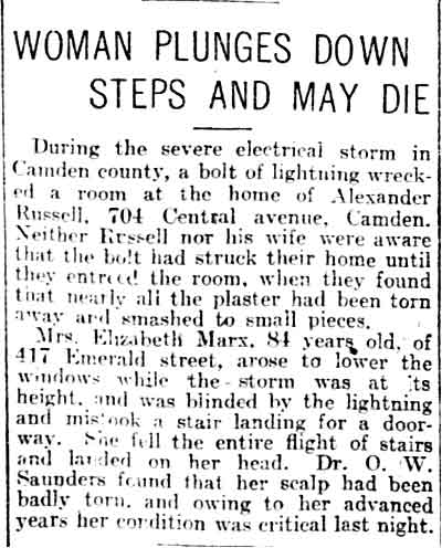Woman Plunges Down Steps and May Die — Mrs. Elizabeth Marx, 417 Emerald Street, Philadelphia Inquirer, August 13, 1911