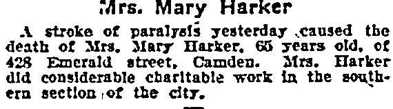 Philadelphia Inquirer, January 10, 1911 — Mrs. Mary Harker, 428 Emerald Street