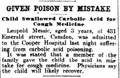 Given Poison by Mistake — Leopold Messic, aged 3, 431 Emerald Street, Philadelphia Inquirer, March 12, 1905