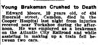 Young Brakeman Crushed to Death — Edward Moore, 19, 434 Emerald Street, Philadelphia Inquirer, May 22, 1906