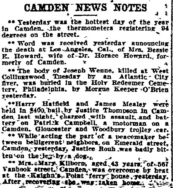 Camden News Notes — F. Joseph Rouh bitten by dog on Emerald Street, Philadelphia Inquirer, June 23, 1905