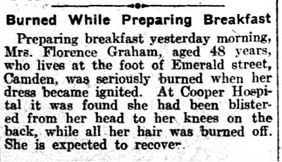 Burned While Preparing Breakfast — Mrs. Florence Graham, Philadelphia Inquirer, March 23, 1914