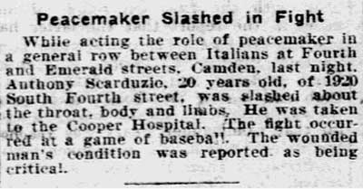 Peacemaker Slashed in Fight — Anthony Scarduzio, Philadelphia Inquirer, September 7, 1909