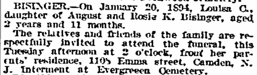 Death notice for Louisa C. Bisinger, 1108 Emma Street
