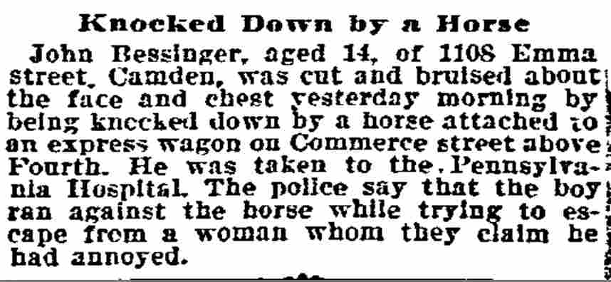 John Bisinger knocked down by a horse, 1108 Emma Street