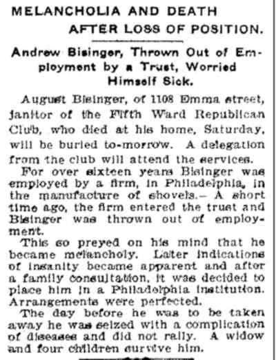 August Bisinger obituary, 1108 Emma Street