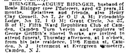 August Bisinger death notice, 1108 Emma Street