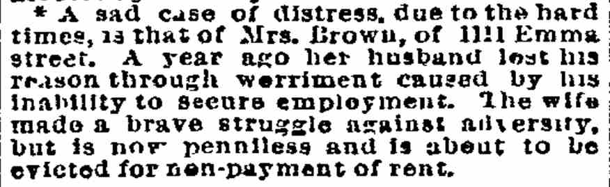 Mrs. Brown of 1111 Emma Street, sad case of distress