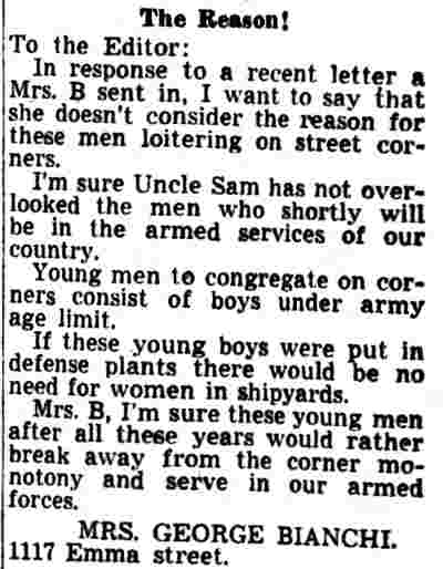 Letter to the editor from Mrs. George Bianchi of 1117 Emma Street