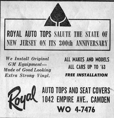 Royal Auto Tops and Seat Covers advertisement at 1042 Empire Avenue, Camden — Camden Courier-Post, May 19, 1964