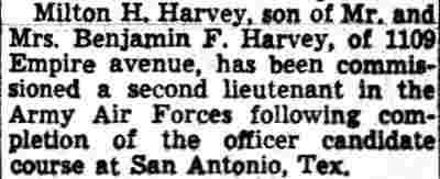 Milton H. Harvey commissioned second lieutenant in Army Air Forces — Camden Courier-Post, May 24, 1945