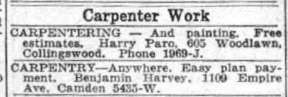 Carpenter Work classified ad — Benjamin Harvey, 1109 Empire Ave., Camden — Camden Courier-Post, July 5, 1941