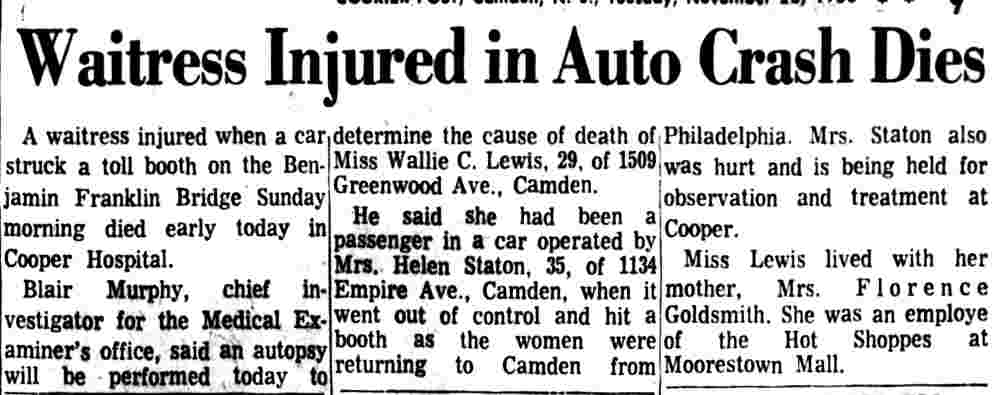 Camden Courier-Post, November 26, 1968 — Wallie C. Lewis of 1509 Greenwood Avenue dies in auto crash
