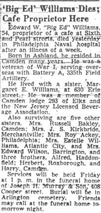 Camden Courier-Post, February 18, 1948 — 'Big Ed' Williams Dies; Cafe Proprietor Here