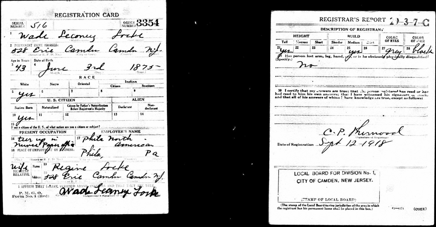 528 Erie Street, Wade Locke family, World War I Draft Registration Card, September 12, 1918