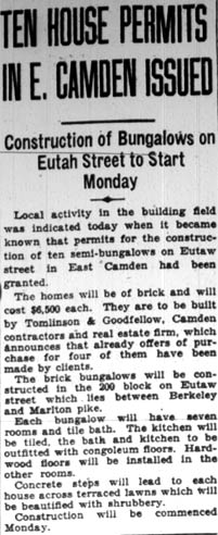 Ten House Permits in E. Camden Issued, Camden Courier-Post, January 28, 1928