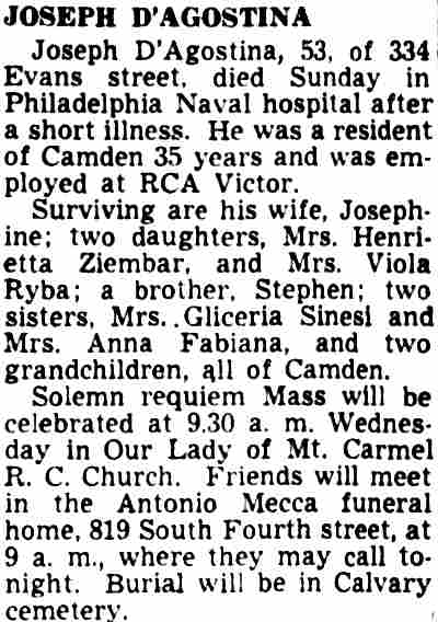 Joseph D'Agostina obituary — 334 Evans Street — Camden Courier-Post, November 20, 1949
