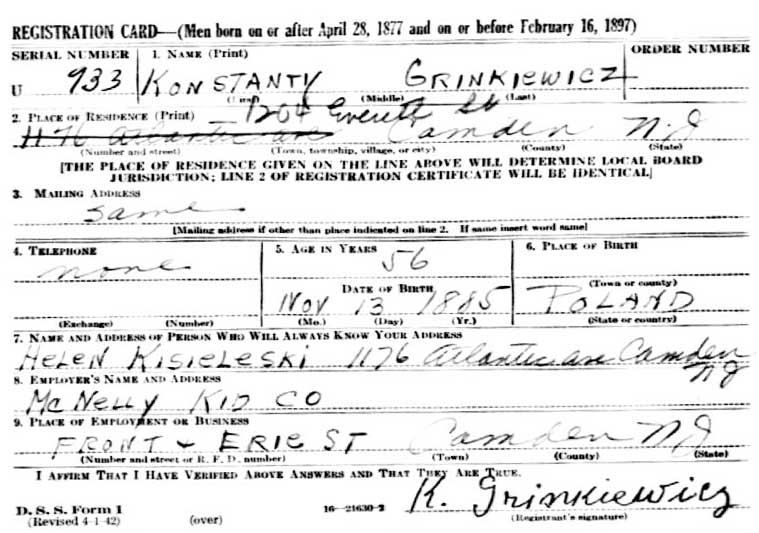 WW2 draft registration, 1204 Everett Street, 1942 — Konstanty Grienkewicz
