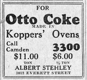 Albert Stehley advertisement for Otto Coke, 1012 Everett Street, Camden, October 1931