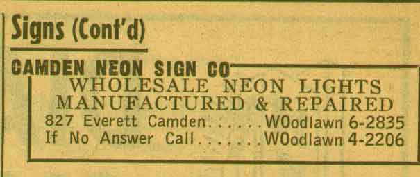 827 Everett Street — Camden Neon Sign Company, 1955 NJ Bell Yellow Pages ad