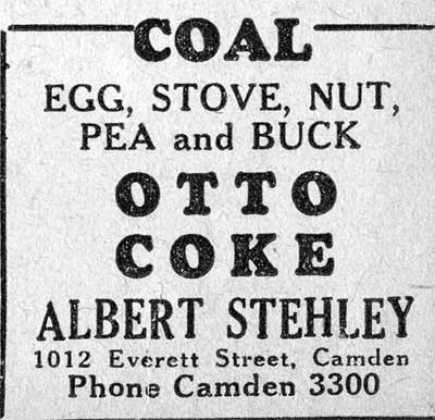 Albert Stehley advertisement for coal and Otto Coke, 1012 Everett Street, Camden, February 1933