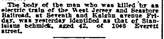 Philadelphia Inquirer clipping identifying Stanislaus Schmick, June 12, 1915