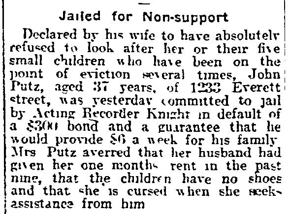 Philadelphia Inquirer, May 23, 1915 — John Putz jailed for non-support