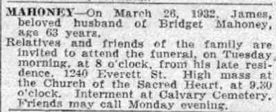 James Mahoney death notice, Camden Courier-Post, March 28, 1932