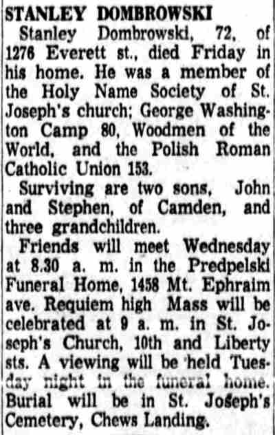 Stanley Dombrowski & Family, 1276 Everett Street, Camden Courier-Post, January 30, 1960