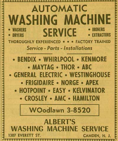 1307 Everett Street — Albert's Washing Machine Service, 1955 NJ Bell Yellow Pages ad